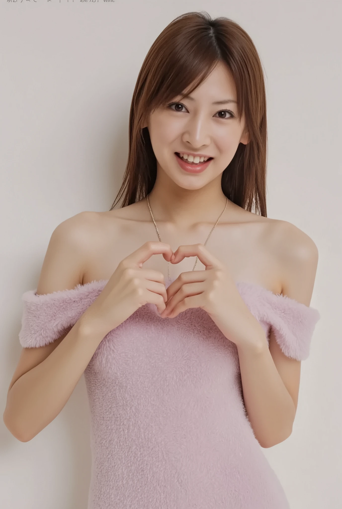 Only one woman with a cute smile wears cute, fluffy off-shoulder pajamas, makes a big heart shape with both hands, and poses them in front of her chest, View above collarbone、The background is a monotone 、
