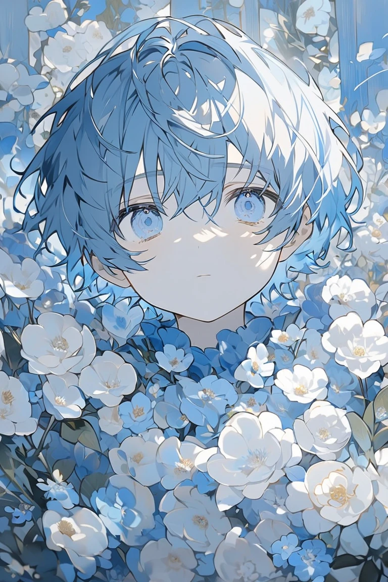 male　 cute　Shota　Blue hair and blue eyes 　 short　Background、Feels like the sky　There are a few blue or white flowers around　whole body　Character portrait