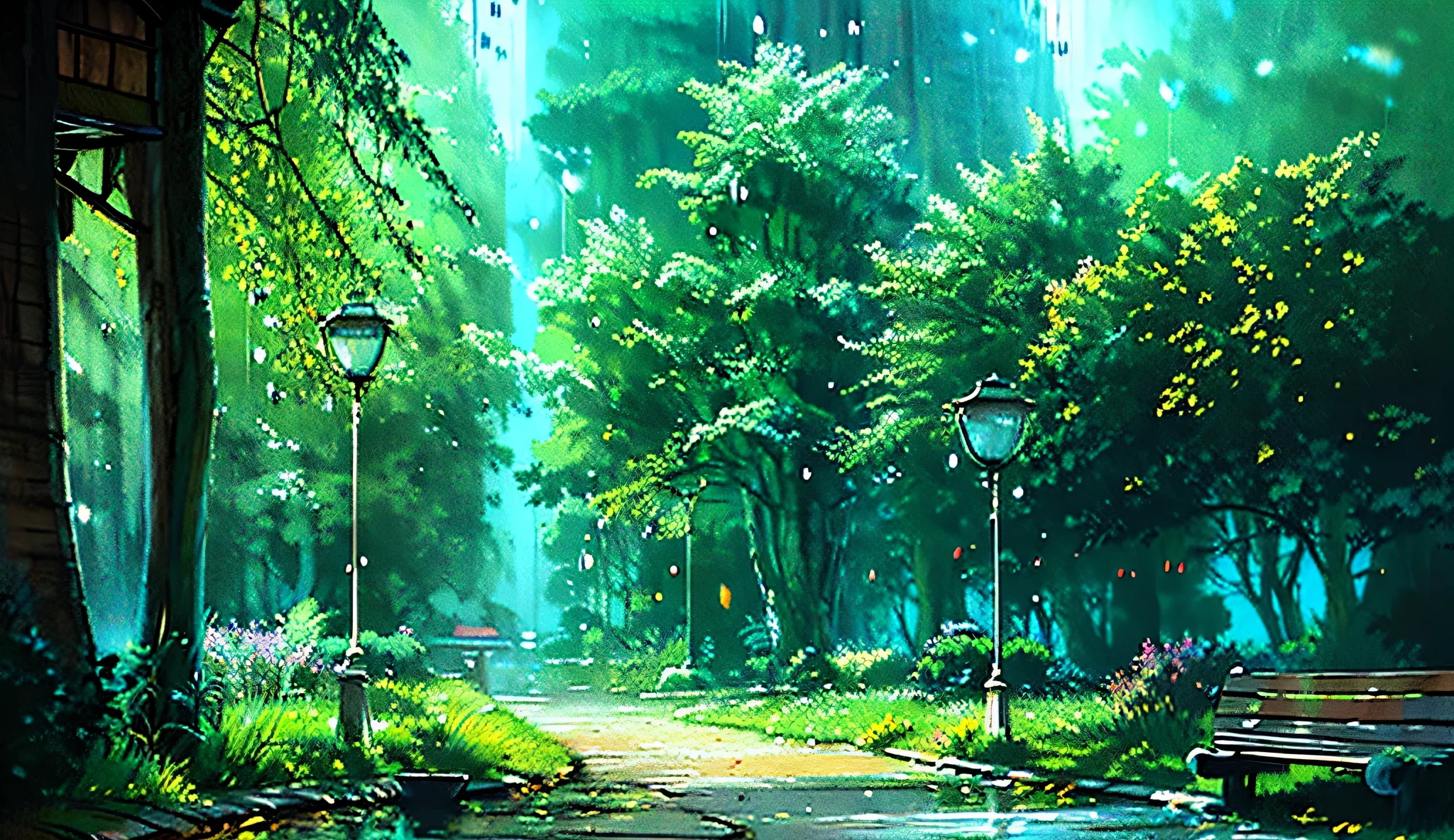 "A park bench sits empty under a steady rain, its wooden surface glistening. Raindrops cling to the leaves above, falling occasionally into small puddles below, creating a serene, reflective mood."