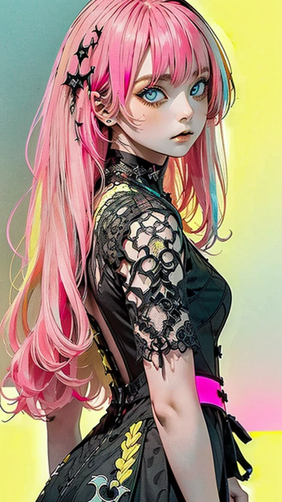   movie poster with young woman as protagonist , (Fluorescent Pink Hair :1.4)、( long hair :1.2)、(light blue clear eyes 1 .3)Glare、 Her face has a fixed expression  ,(yellow beautiful lace gothic dress:1.4)、Layering、(black simple background 1 .4)、Rough, With danger and tension、 Rear shot 、( Short Bang :1.3)、(Glare:1.2)