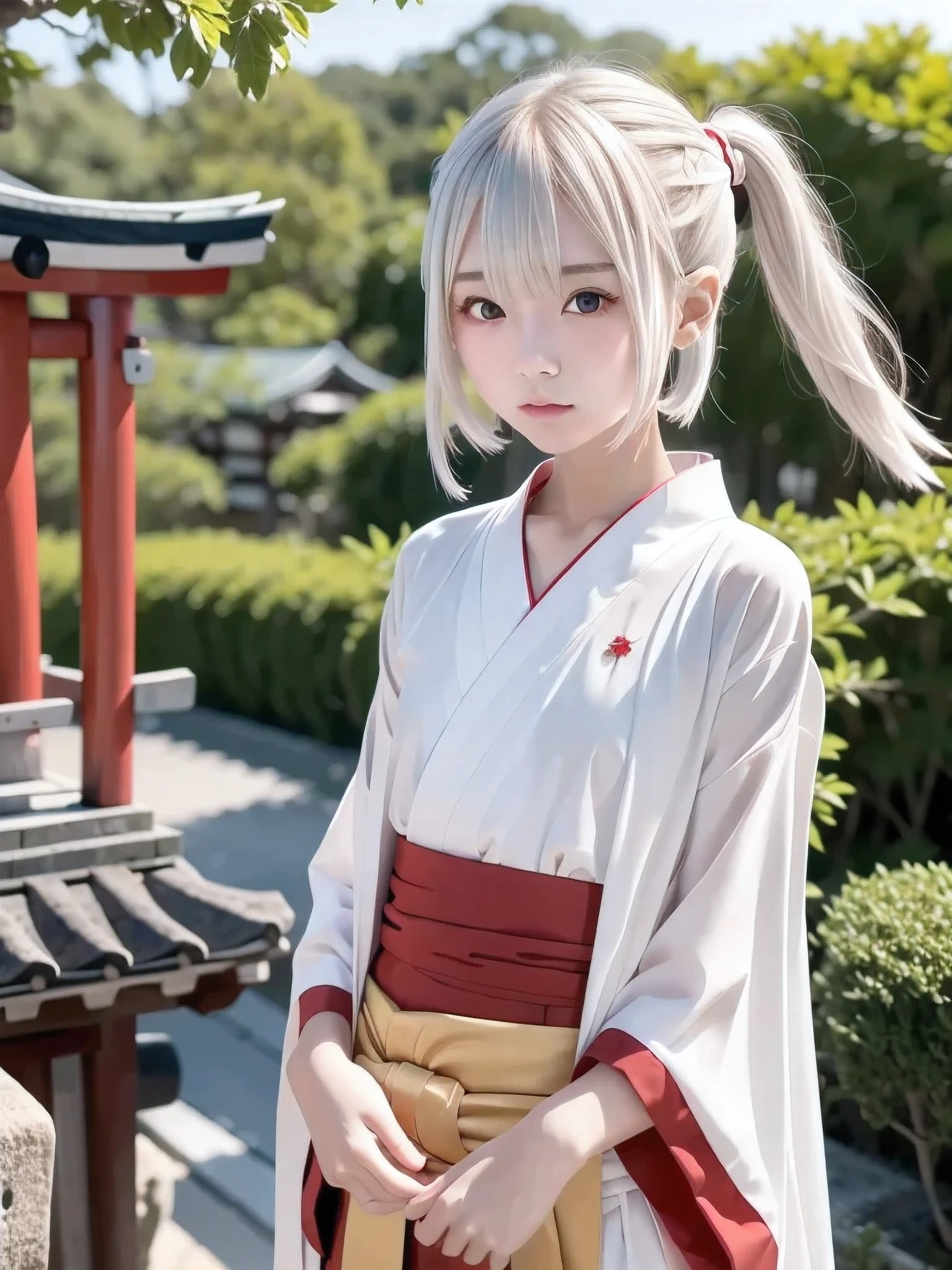 1 girl, Alone, Slender body, flat chested, (Gray Hair), perfect face, cool girl , ager with pants slipping, 神社のShrine maiden,Shrine maiden, red clothes, pretty face