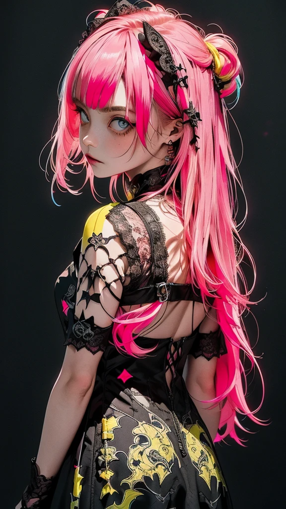   movie poster with young woman as protagonist , (Fluorescent Pink Hair :1.4)、( long hair :1.2)、(light blue clear eyes 1 .3)Glare、 Her face has a fixed expression  ,(yellow beautiful lace gothic dress:1.4)、Layering、(black simple background 1 .4)、Rough, With danger and tension、 Rear shot 、( Short Bang :1.3)、(Glare:1.2)