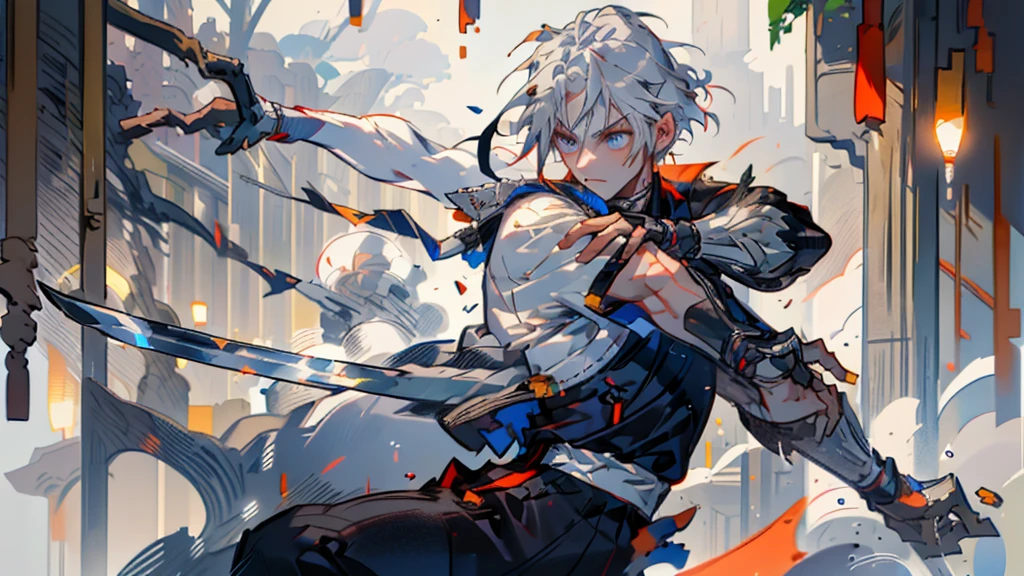 samurai, Silver Hair,warrior,Swordsman,Draw the sword,Draw your sword,Iaido,whole body, High Quality , masterpiece,Cat ears,Cat ears,Sparkling blue eyes,Holding a sword