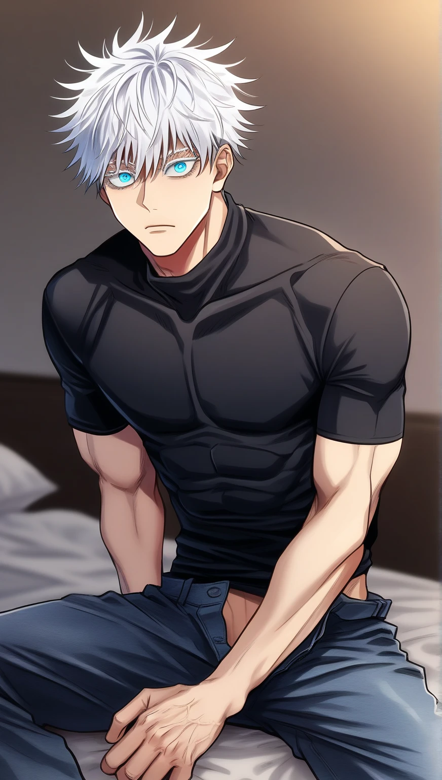 Masterpiece, best quality, 1 boy, Gojo_Satoru, jujutsu-kaisen, sitting in a chair with his legs open, without a shirt and with tight pants showing his bulge