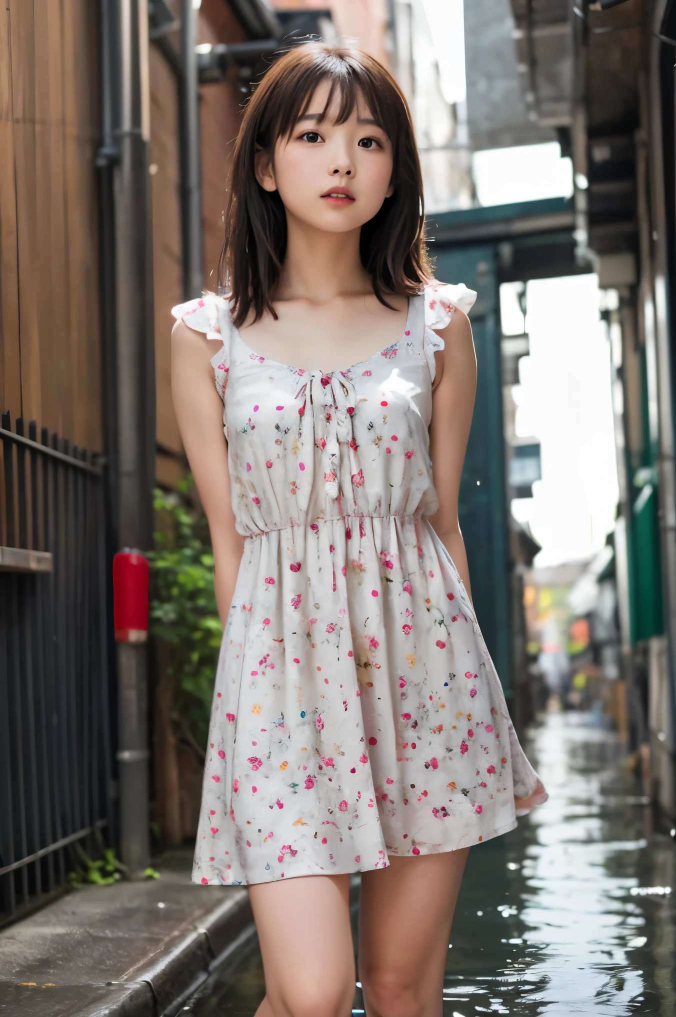 (8k,  RAW photo, best quality,  high definition :1.1), (超Realisticな:1.4),(Realistic, Realistic:1.3),((Super cute)), medium hair,Small, flat chest,((Small floral dress)),(A dim, narrow, wet alley), full body shot,