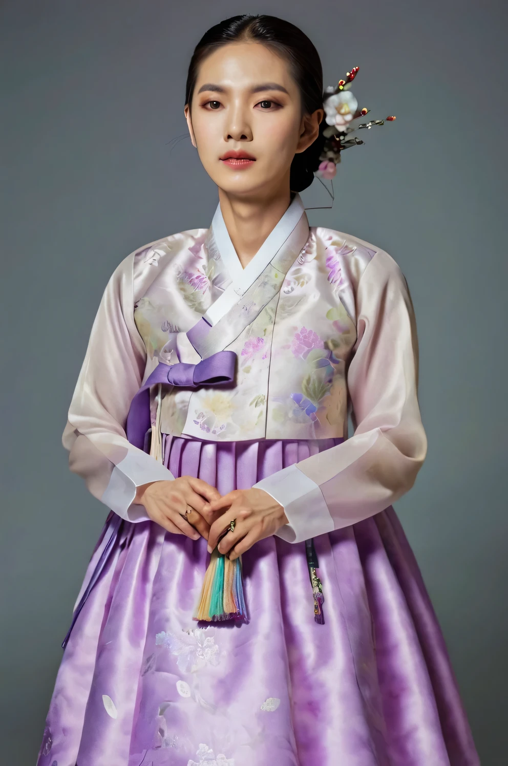 A Korean man in women's hanbok, hi is crossdresser, His face and hairstyle are very masculine, silk, Mother of the Bride hanbok Dress Outfit, breasts like a woman, light purple, slender female body, floral pattern, satin