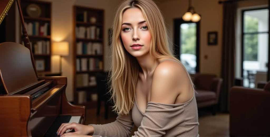 Nexia is playing a grand piano in a cozy, warmly lit room filled with books. She has long, slightly wavy brown hair with blond streaks. She wears a neutral oversized off-shoulder sweater. ((anti)), Nexia