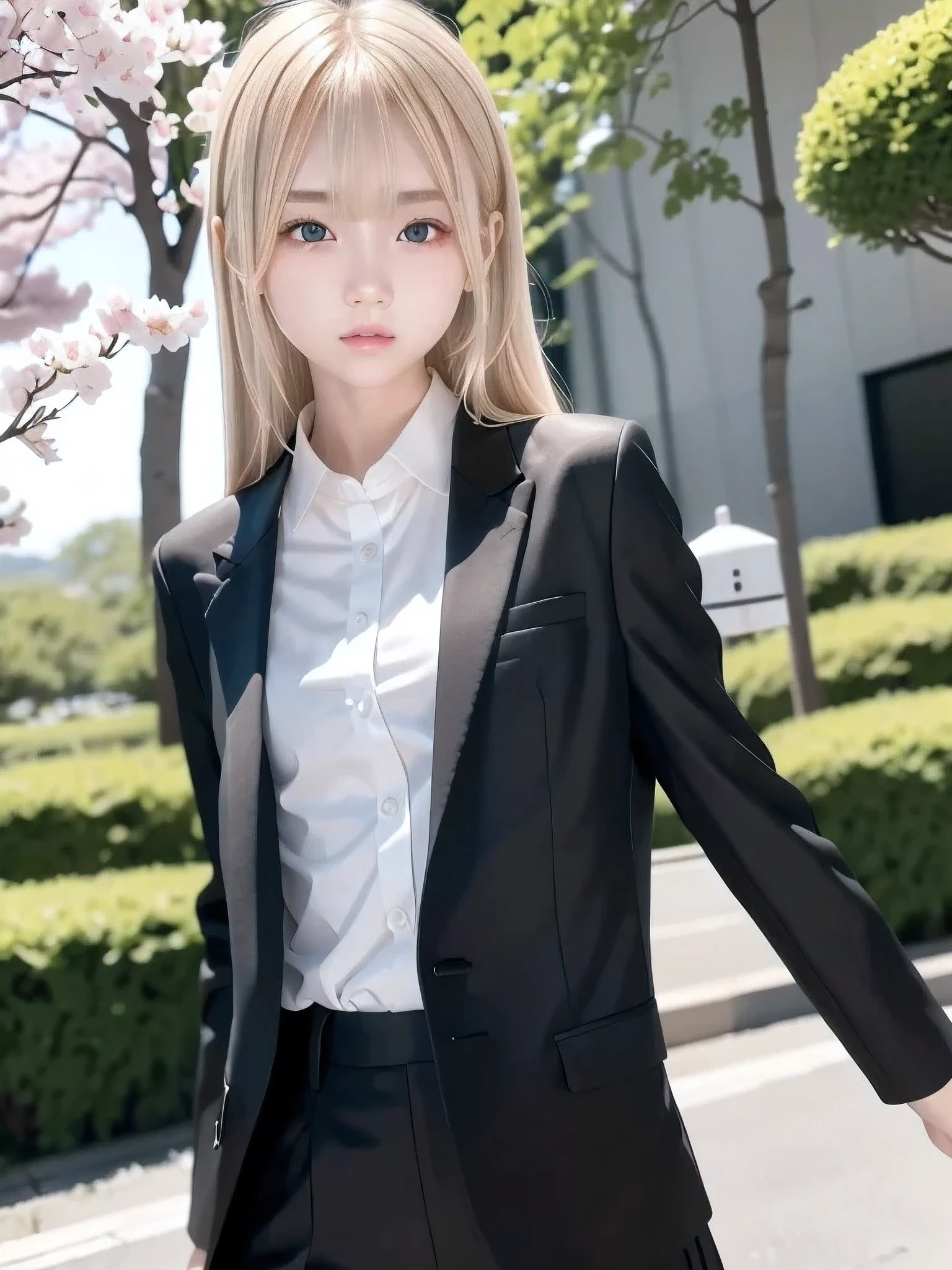 1 girl, Alone, masterpiece, best quality, Slender body, flat chested, ( blonde hair ), perfect face, cool girl , ager with pants slipping, , Black Suit , white shirt, cool face ,Cherry Blossom Viewing, cherry blossoms wearing a black see-through kimono