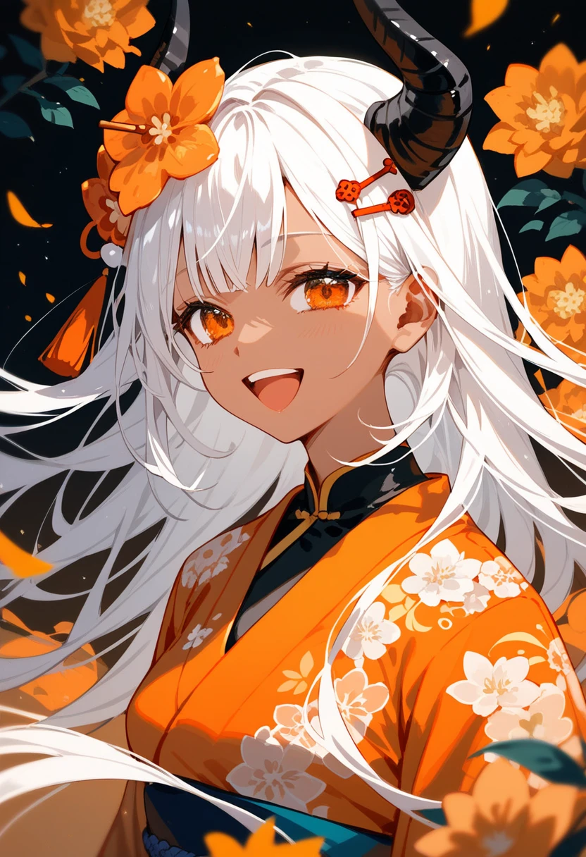 girl,Long hair,I gathered,There is a hairpin ,White hair,Tanned, in an orange floral kimono,In the orange eyes,With black curved horns , Medium Breasted,beautiful,Laugh softly ,Mouth guard 