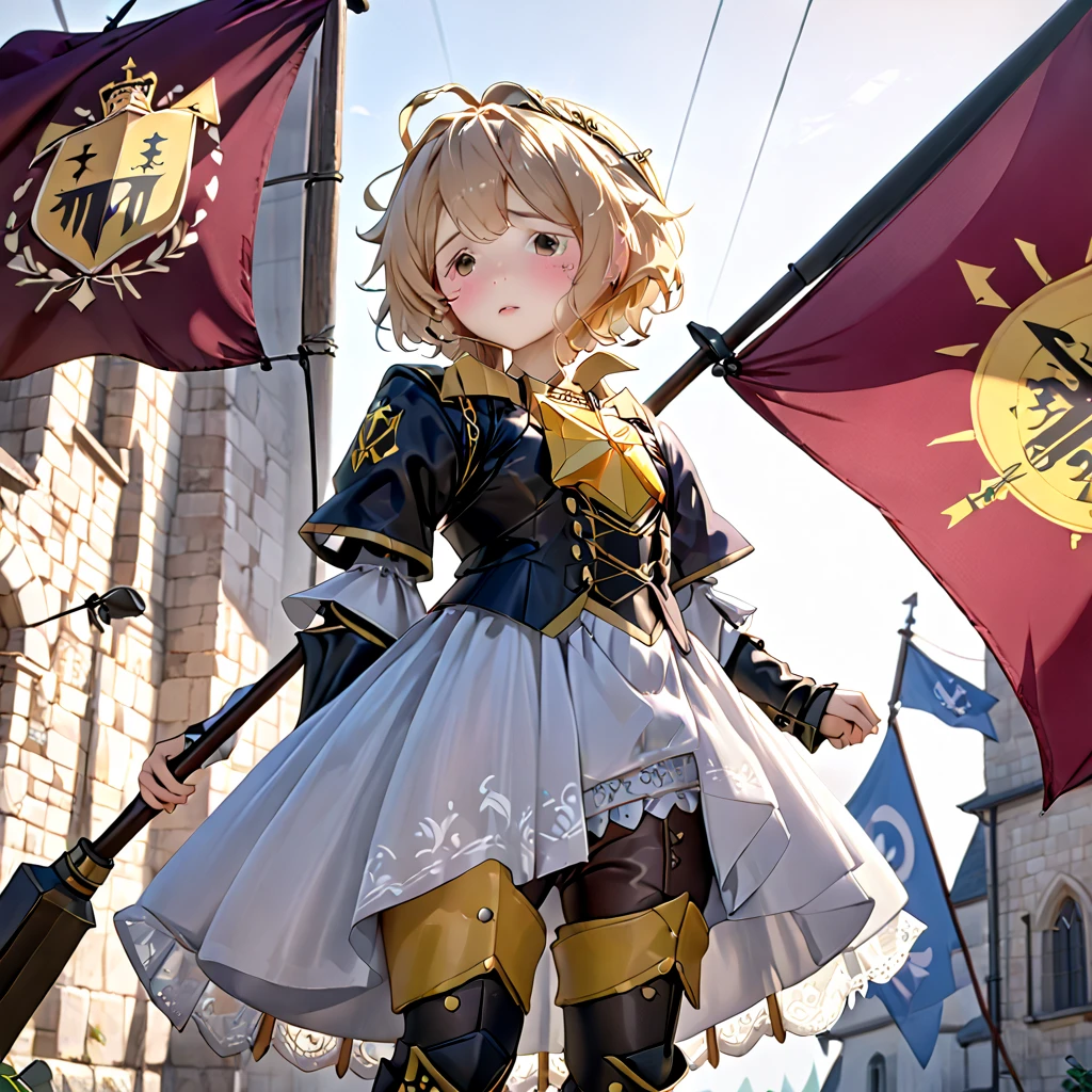 (   Very Detailed CG Octane Rendering 8K Wallpaper with Long Spears ),   World's Most Beautiful Artwork  ,  A flag with a coat of arms attached to a long spear,  complicated,   high detail,  princess your toddler , Lace embroidery,  Medieval Lace Long Dress （With panniers）, cotton cloth,  raised skirt showing off a beautiful pussy , Strong winds, Transparent slip, Translucent Tights  , Peeking from below,  best quality, Disarray of clothing,   thighs, knight , Skirt lining, Bloomersー、Leather Armor、 with a flag attached to a long spear 、、Ramparts、Bloomers
