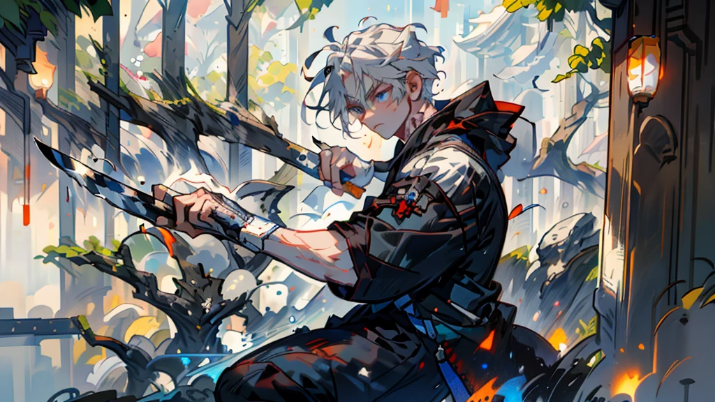 samurai, Silver Hair,warrior,Swordsman,Draw the sword,Draw your sword,Iaido,whole body, High Quality , masterpiece,Cat ears,Cat ears,Sparkling blue eyes,Holding a sword