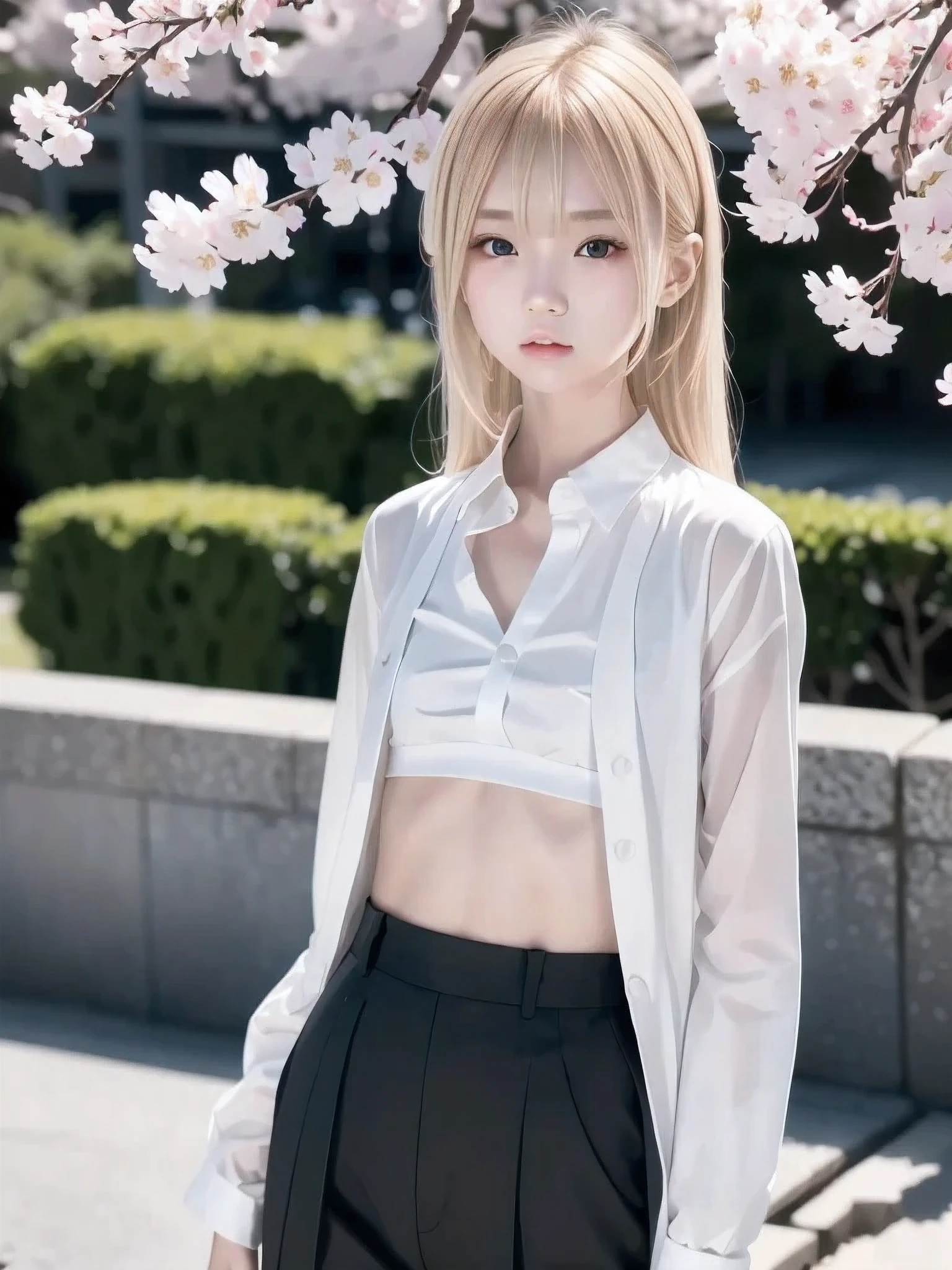 1 girl, Alone, masterpiece, best quality, Slender body, flat chested, ( blonde hair ), perfect face, cool girl , ager with pants slipping, , Black Suit , white shirt, cool face ,Cherry Blossom Viewing, cherry blossoms wearing a black see-through kimono