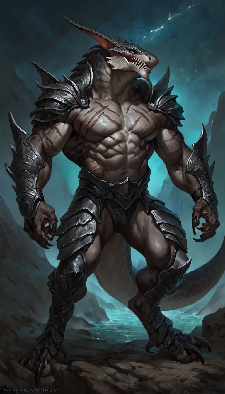 Muscular sharkfolk, solo, anthro shark, detailed skin, strong, wearing demonic full body armor, metallic scales, scars on body, 1male solo, anthro, muscular, wide back, big muscles, small waist, thick tail, marked jaw, armor on legs, full body, comicbook style, night time, best quality, 4k, ultra-detailed, by laobai, by taran fiddler, by honovy, by null-ghost, by thebigslick