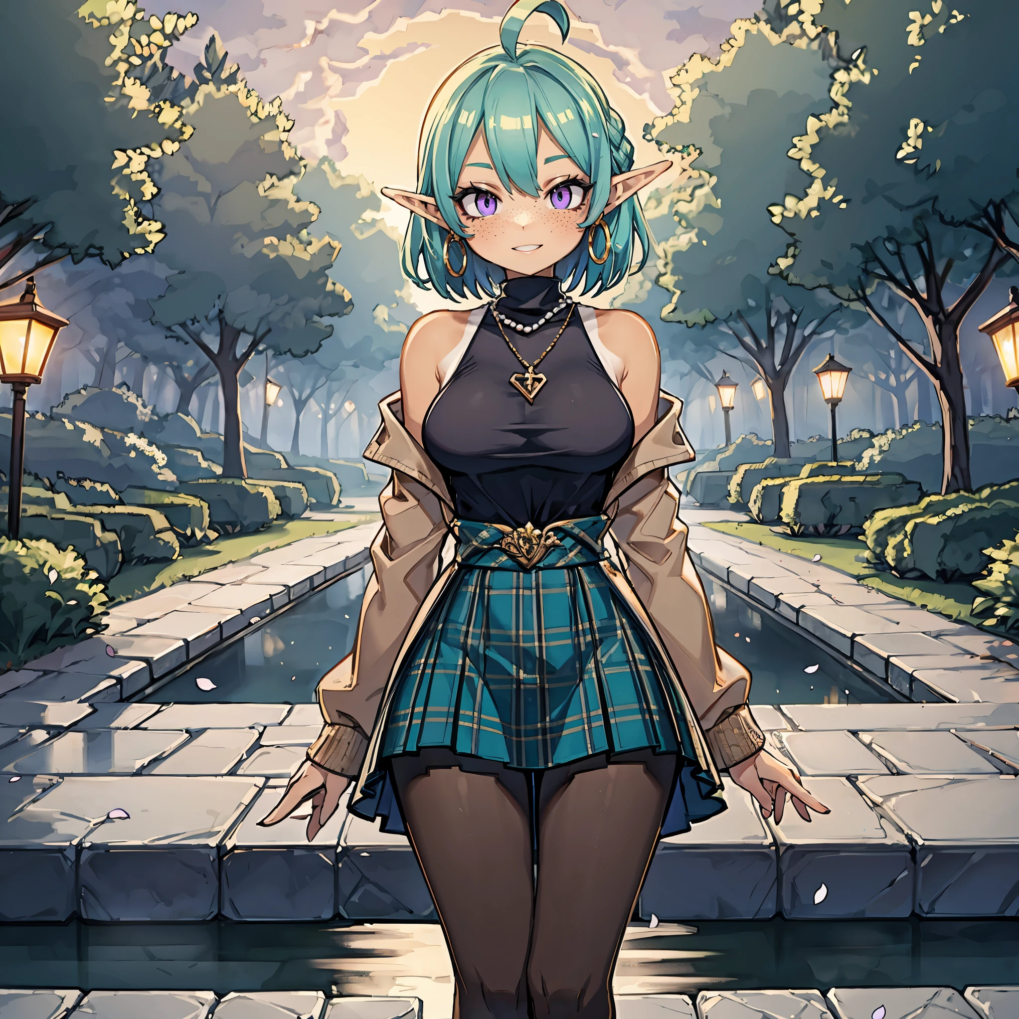 (teal and purple:1.2), (masterpiece), best quality, 8k, Professional photography, chiaroscuro, dynamic lighting, highly detailed,
BREAK, 
(purple eyes), detailed eyes, High Elf, (tan skin:1.3), pastel green hair, ((ahoge french braid:1.2)), small breast:1.3, small hips, big waist:1.2, (red lips), eyeliner, blush, (freckles), elf ears:1.2, 
BREAK, 
pearl earrings, joyful laugh,
BREAK,
Classic grey tartan skirt, fitted black turtleneck, sheer tan pantyhose, black patent leather heels, thin silver necklace, small hoop earrings, sophisticated and sleek,
BREAK,
A serene park with cherry trees in full bloom, petals drifting in the air, a golden-orange sky blending into soft pink hues, a stone pathway lined with lanterns, and a tranquil koi pond nearby,