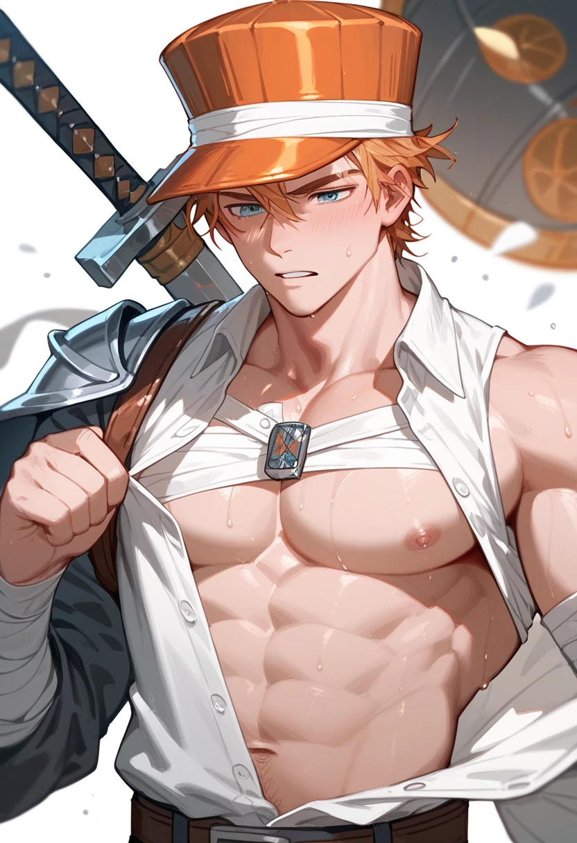 Man wearing a copper knight hat , unbuttoned,There is a bandage on the chest. ,Sword Strike ,Sweating,stalwart