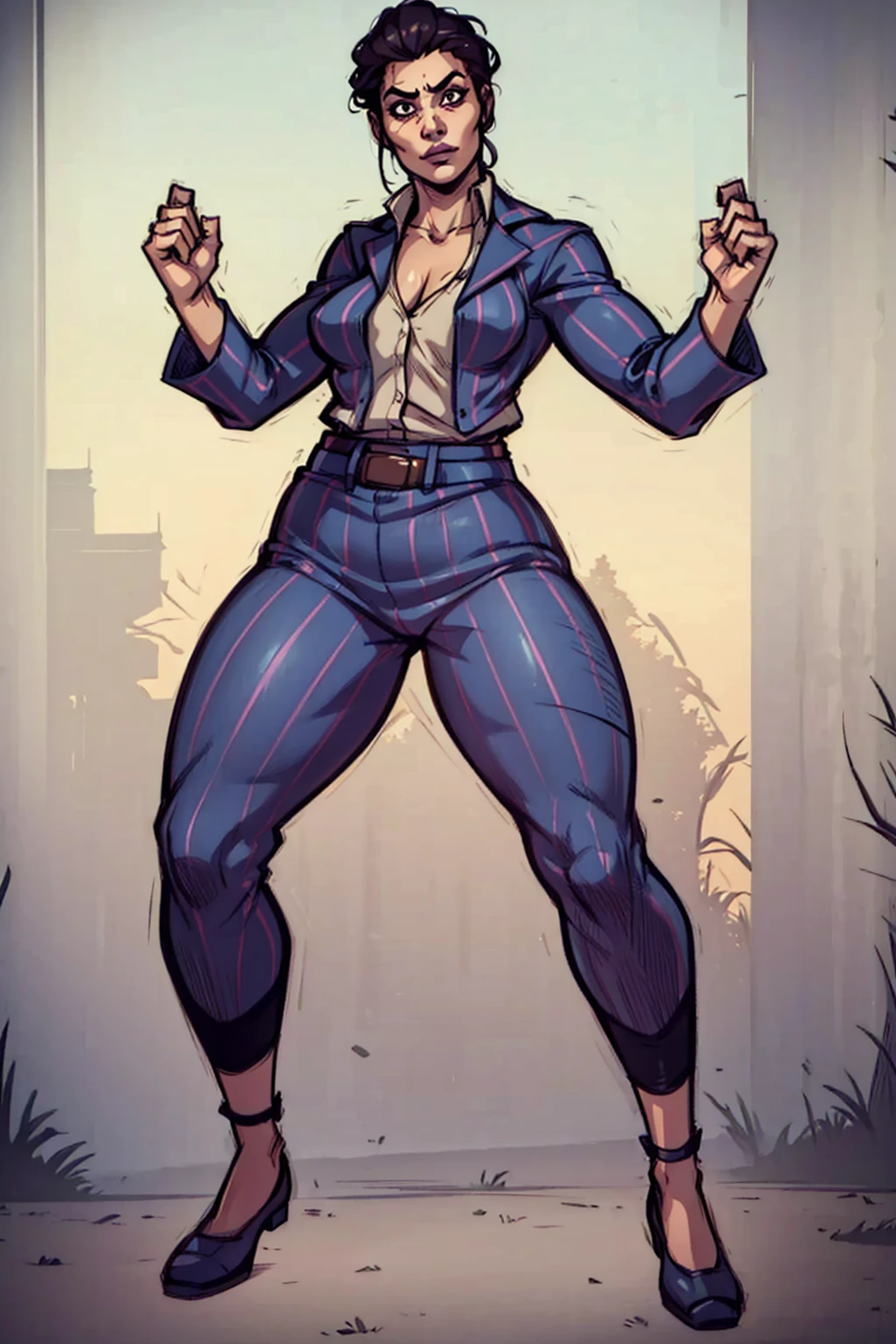 Digital art, highly detailed, angled view, sexy standing pose, legs spread apart, hands held up in a fighting form, mature woman, adult female, full curvy figure, whole body, form-fitting, Jane Romero (Dead by Daylight) inspired costume, pinstriped blazer, blouse, belt, pinstriped baggy pants that ends above the ankle, belt, flat office shoes, 1woman, solo, upper body, lower body, ((Extremely Detailed)), ((Best Quality)), ((Masterpiece)), ((4k)).
