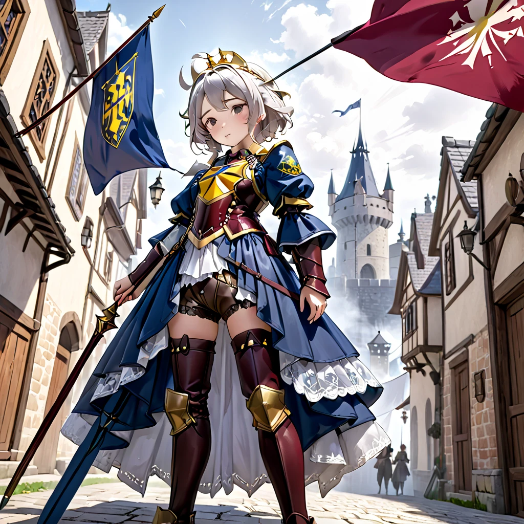 (   Very Detailed CG Octane Rendering 8K Wallpaper with Long Spears ),   World's Most Beautiful Artwork  ,  A flag with a coat of arms attached to a long spear,  complicated,   high detail,  princess your toddler , Lace embroidery,  Medieval Lace Long Dress （With panniers）, cotton cloth,  raised skirt showing off a beautiful pussy , Strong winds, Transparent slip, Translucent Tights  , Peeking from below,  best quality, Disarray of clothing,   thighs, knight , Skirt lining, Bloomersー、Leather Armor、 with a flag attached to a long spear 、、Ramparts、Bloomers
