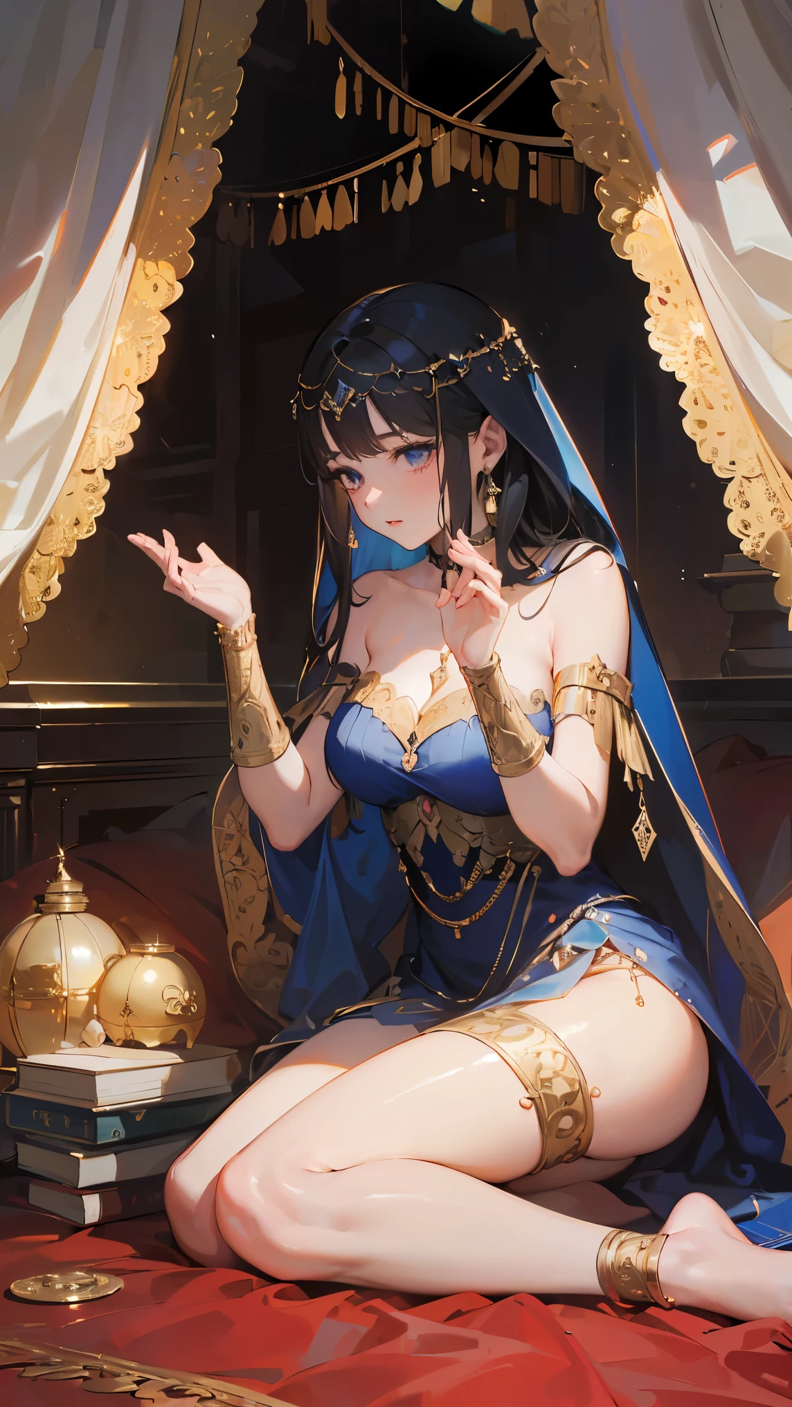 (((Best quality, 8k, Masterpiece: 1.3)), ((best quality)), ((masterpiece)), (detailed), perfect face, perfect body, (detailed skin:1.3), A graceful woman, Scheherazade from "One Thousand and One Nights," sits elegantly on a luxurious bed with a canopy of flowing silk drapes. The setting is illuminated by warm, flickering lanterns casting intricate shadows on the walls. She is dressed in a flowing, richly adorned robe with intricate patterns of gold and deep blues, her hair adorned with delicate jewels. Surrounding her are vibrant pillows and cushions, adding to the opulence of the scene. She holds a book or gestures expressively as she captivates an unseen audience with her storytelling. The background hints at an ornate Middle Eastern palace with arched windows and intricate designs.