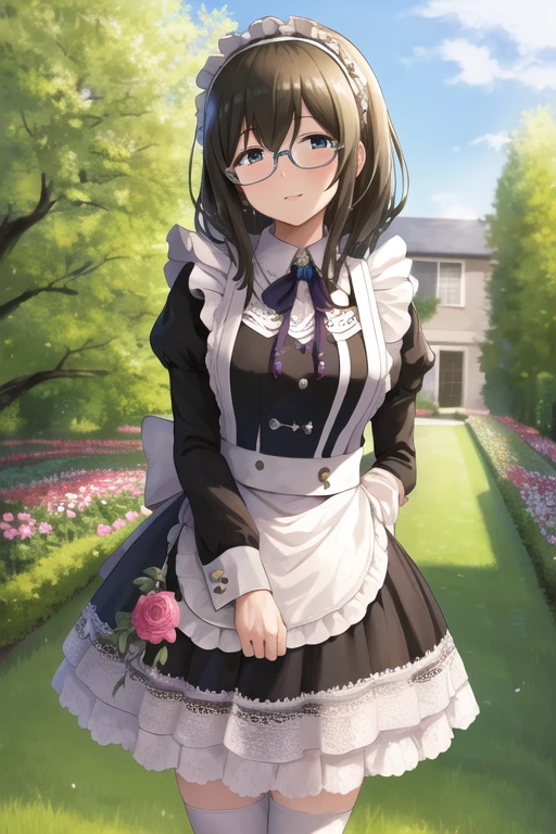 masterpiece,  best quality,  high definition , Efumika,  The Idolmaster,  Single Hair Bang, Maid headdress,  side lock, Glasses, frills, brooch, Maid,  black dress,  Puff Sleeves ,  Long Sleeve , Maid apron,  white apron , garden,  standing ,  COWBOY SHOOTING ,