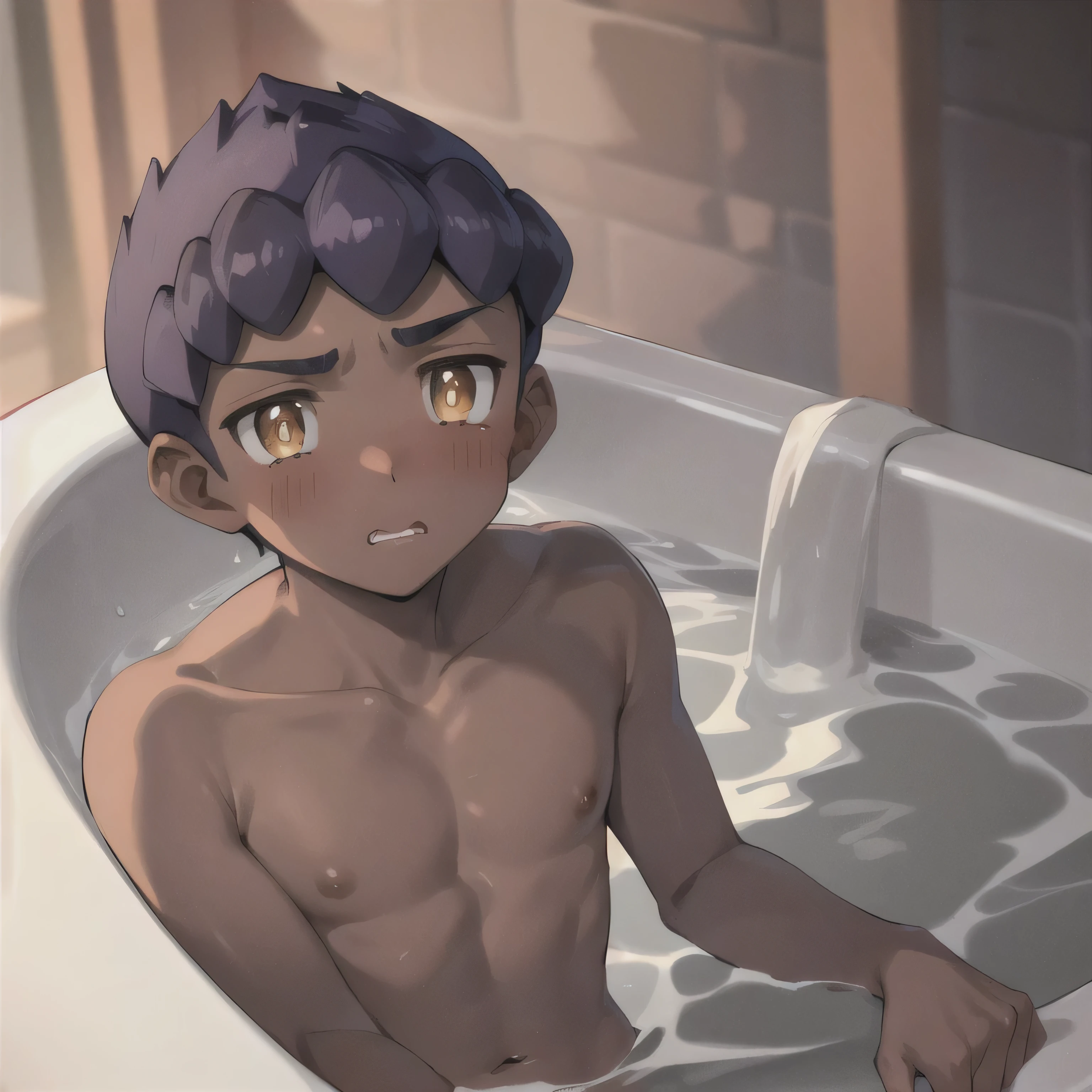 masterpiece,  best quality,  1 boy who's still going, hop \( Pokémon\),  purple hair,   Shorthair,  yellow eyes, Dark Skin,   white breath ,alone, The penis is erect,masturbation,phimosis,erection,blush,in the bath