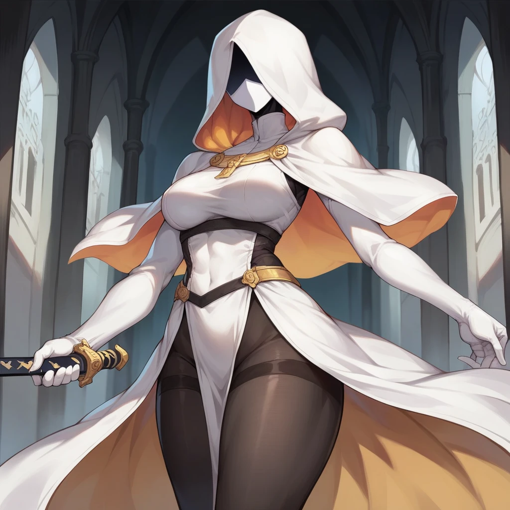 carmilla, medium breasts, black dress,hood, hood, by white, beautiful face, blue eyes, (Masterpiece:1.2), Best Quality, absurdities, high resolution, extremely detailed wallpaper, perfect lighting, from below, socks, stockings, heels, hig heels, pussy, NSFW,+18