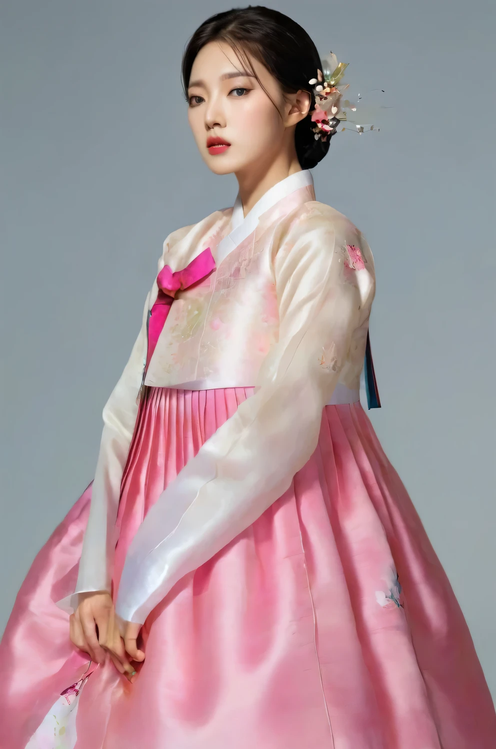 A Korean man in women's hanbok, hi is crossdresser, His hair is manly and short, silk, Mother of the Bride hanbok Dress Outfit, breasts like a woman, pink, slender female body, floral pattern