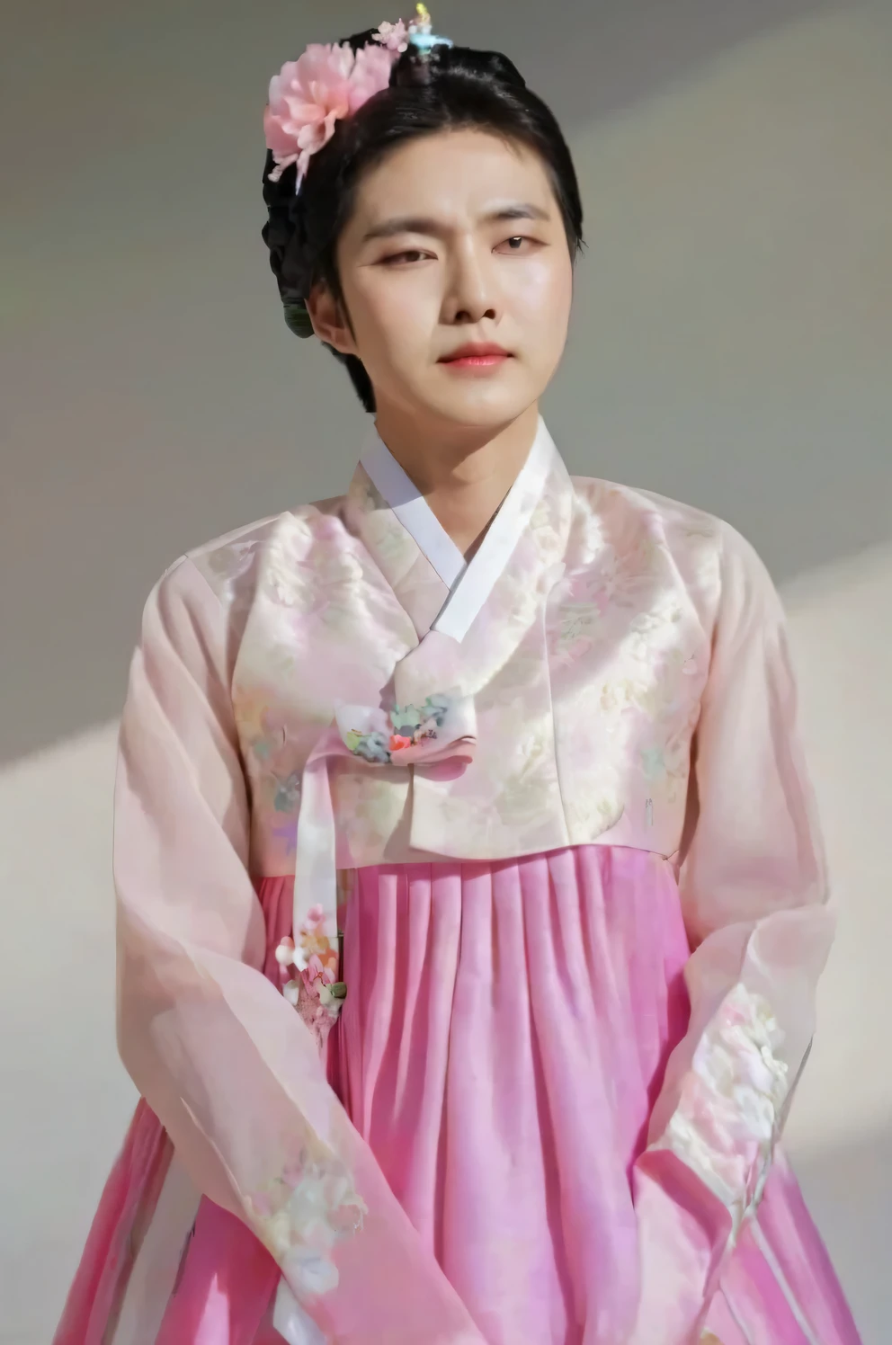 A Korean man in women's hanbok, hi is crossdresser, His face and hairstyle are very masculine, silk, Mother of the Bride hanbok Dress Outfit, breasts like a woman, pink, slender female body, floral pattern