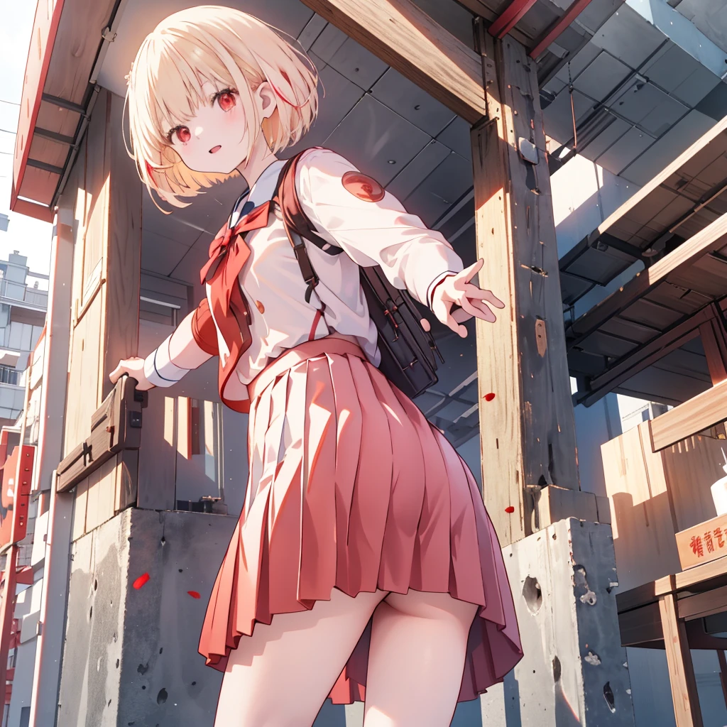 １People in high school。Blonde。Bob。 Red Eyes。Japanese student uniform。The color of the uniform is red 。 micro mini skirt。Crouch down、11.I'm holding a 5mm caliber gun。White panties are visible.