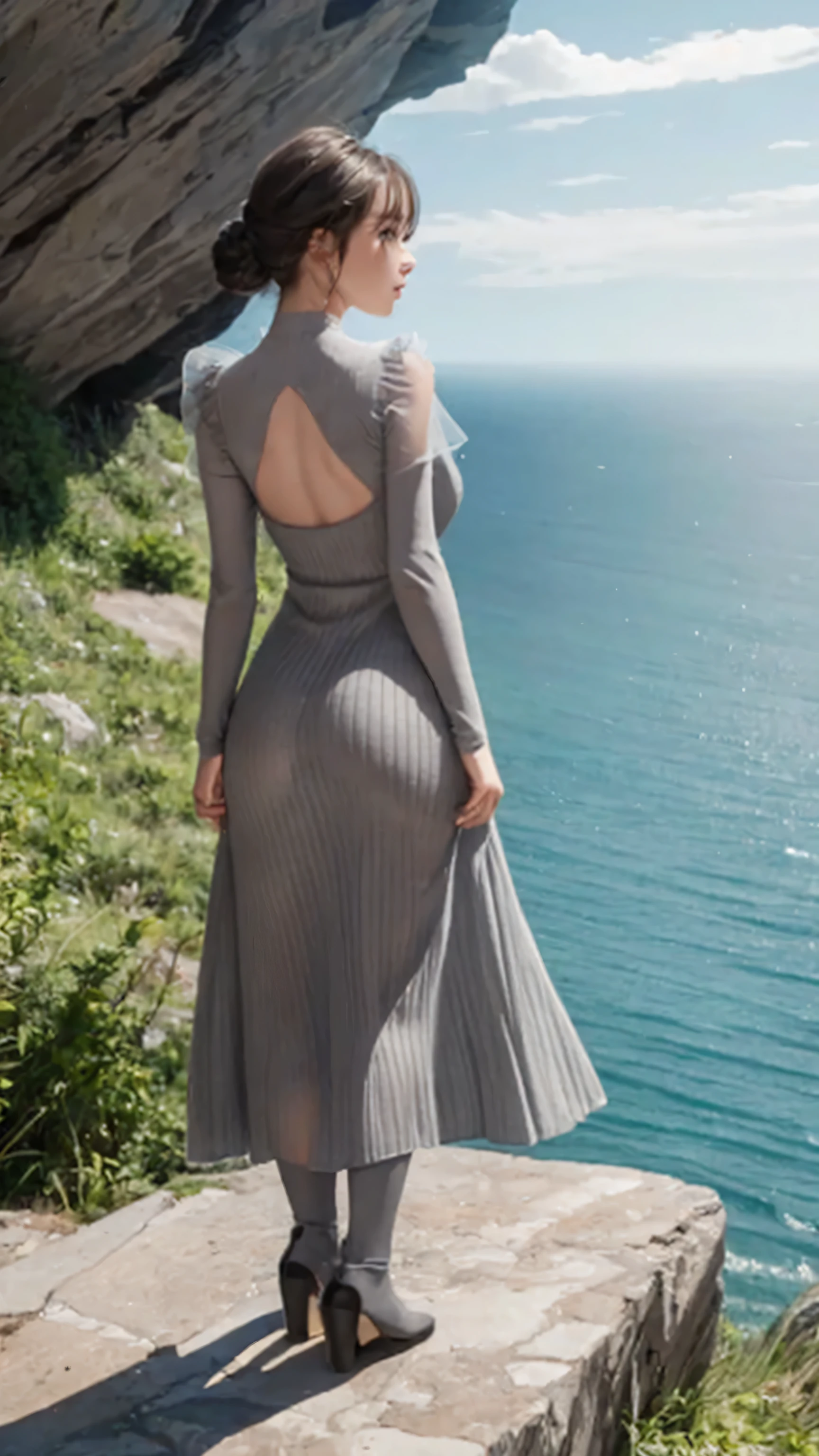 ((Highest quality)), 8k, 16k, ((masterpiece)), (High-definition photos), (ung girl), thin eyeblows, cute eyes, cheek, ((ribbed knit gray long dress with:1.3)), frills, (white skin), ((from behind)), ((pantylines see through:1.3)), epicpanty, big hips, hip focus, from above, on a high steep rugged and wild cliff facing the sea,