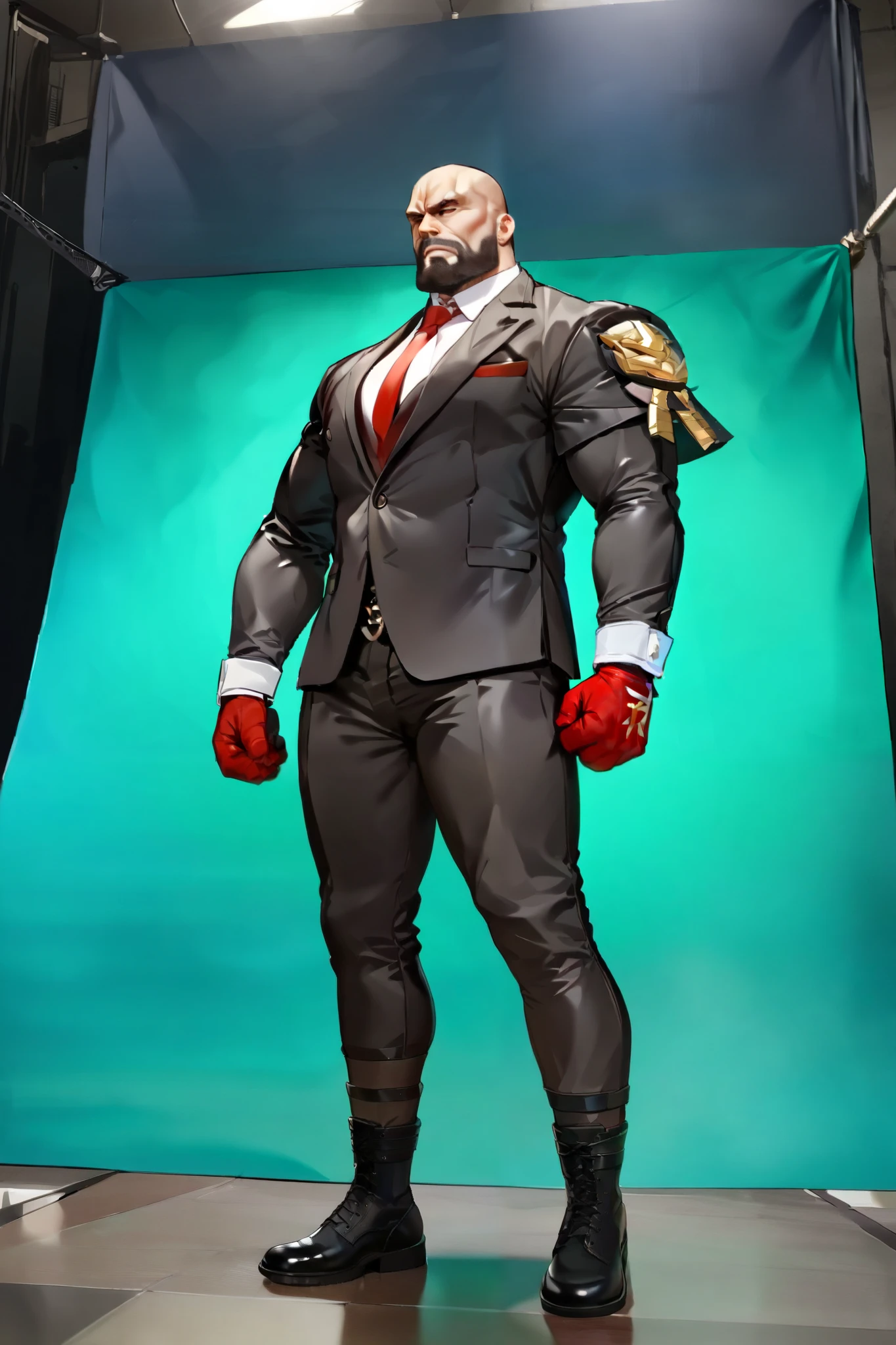 Zangief, criminal, suit,  red tie, Ready for battle, Green Screen, masterpiece,  best quality,  ultra high resolution