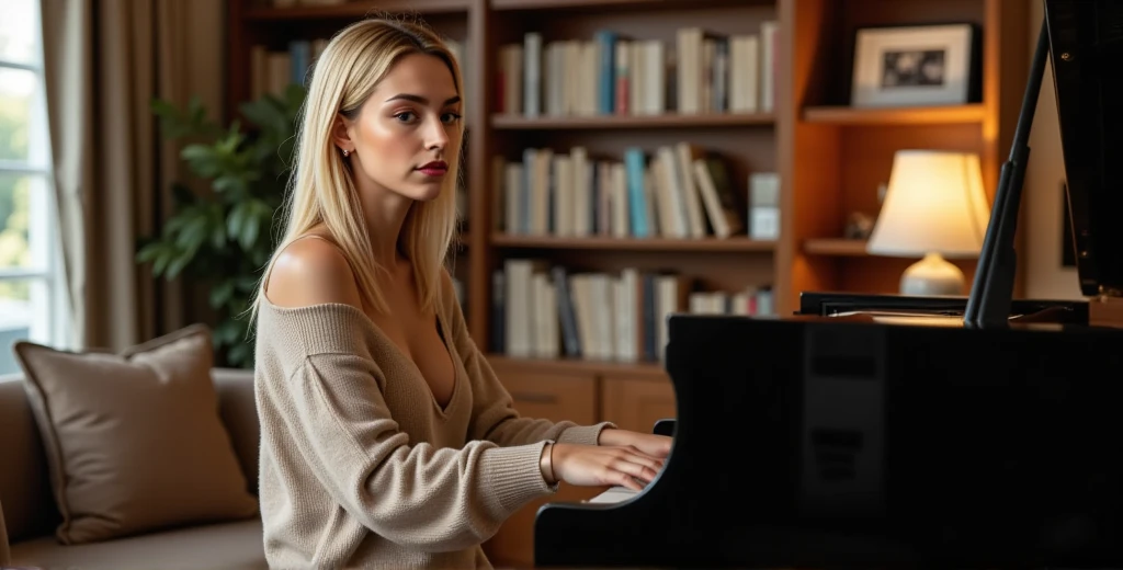 Nexia is playing a grand piano in a cozy, warmly lit room filled with books. She wears a neutral oversized off-shoulder sweater. ((anti)), Nexia