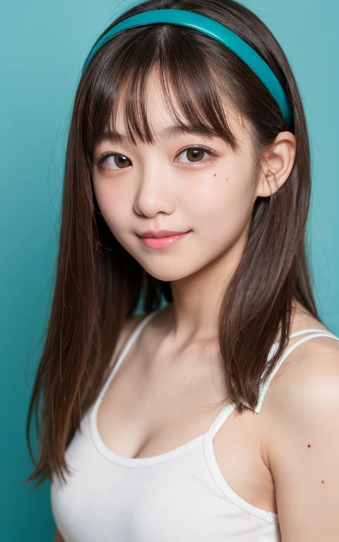 Highest quality、Realistic、、zoom、woman、cute、Light grey eyes、Black Hair、Long straight line、Tanned brown skin、Dark Skin、Pink panties with small character print、Pink panties with small character print、Captivating smile、Flat Chest、。Bust Shot、Low length、Chubby、Shower room、