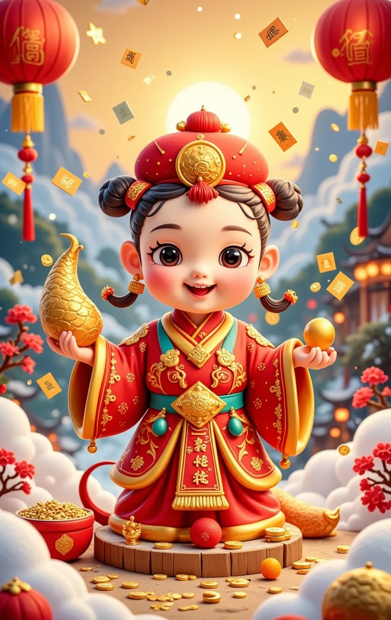  traditional ink painting ，Cute Q version，Q version style，God of Wealth，God of Wealth的传统服饰与配饰，Official hat、jade belt，Smiling face，Lucky faces，Festive faces， have bright eyes ，(Holding a cornucopia in hand)，The cornucopia is filled with agate beads，Gold and Silver Jewelry，Golden osmanthus flowers，Strong ink mountains，Clouds and mist，Some scattered copper coins，Beautifully embroidered lucky bags，Complete composition，Festive colors，Auspicious atmosphere，(The background is the heavenly palace:1.5)，Full body portrait， bright and bright ，Color ink painting，HD， high detail ，Fresh color scheme，Bright and bright colors，(The style of Qiu Shengxian's traditional animation techniques)， dopamine color scheme ，High Saturation， High Contrast，8k