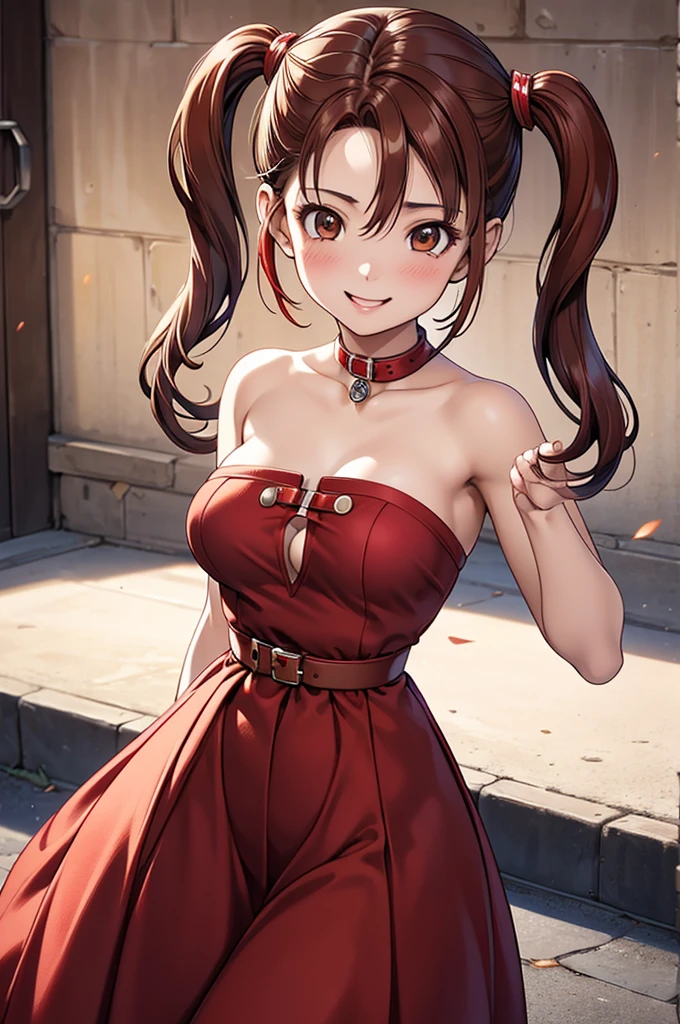  adult woman laughing, Alone,  sexy,8K resolution,(( best quality)), ultra high resolution, ( Modest Smile), ( Brown Eyes ),  beautiful symmetrical face , ( red twin tails), Open Chest Dress, long skirt,Realistic:1.4,Realistic:1.4,(masterpiece:1.2), perfect eyes,Perfect Eyes, anatomically correct human body ,Perfect waist,Perfect thighs