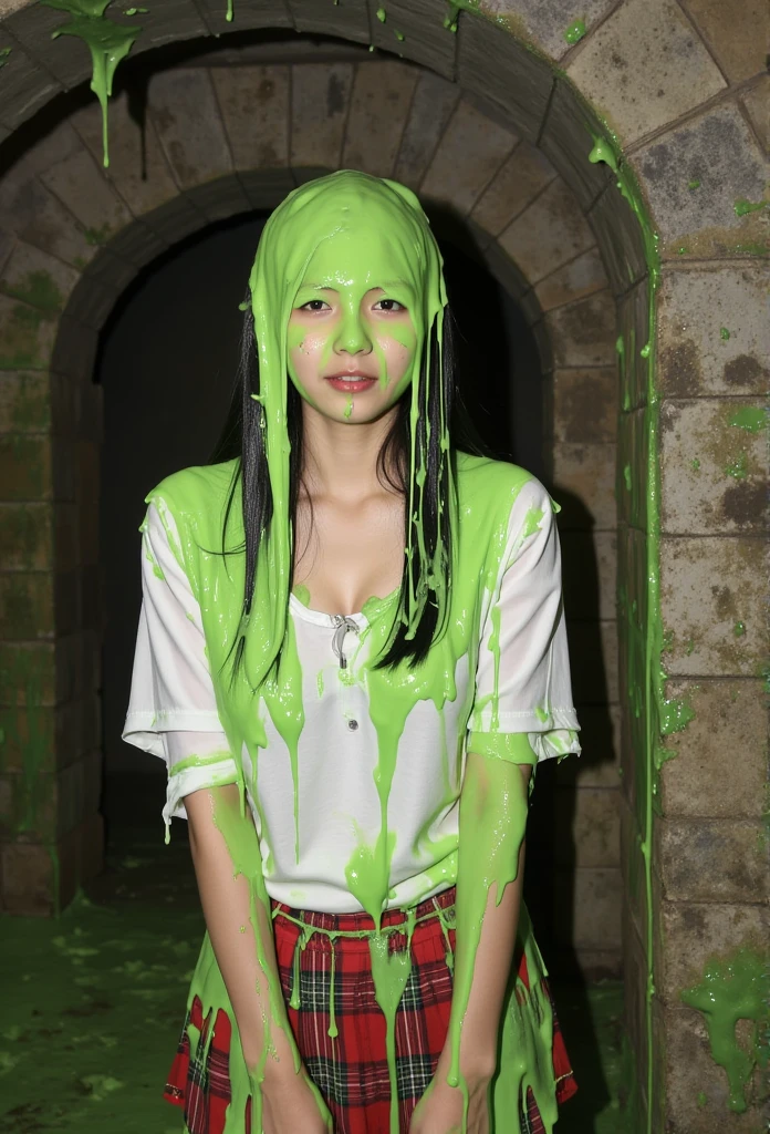 Film Photograph of beautiful 21-year-old Chinese girl covered in dripping green slime. White blouse. Short red Plaid skirt. Schoolgirl uniform. Inside dirty dungeon. Dirty stone walls. Moist stone walls. f/1.4 aperture. hyper-realistic style. Chinese girl. Long flowing black hair. Dirty clothes. Scared. Winged eyeliner. Slime 