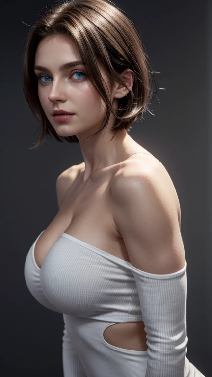 Skin Tight White Top:1.2, Looking at Viewer, Cinematic lighting, Perfect, softlight, High resolution skin:1.2, Realistic skin texture, 20 years old woman, off shoulder transparetn top,Bust C Cup、Nipples, Exposed cleavage, Blue eyes, Short hair, dark brown  hair、Gray background、