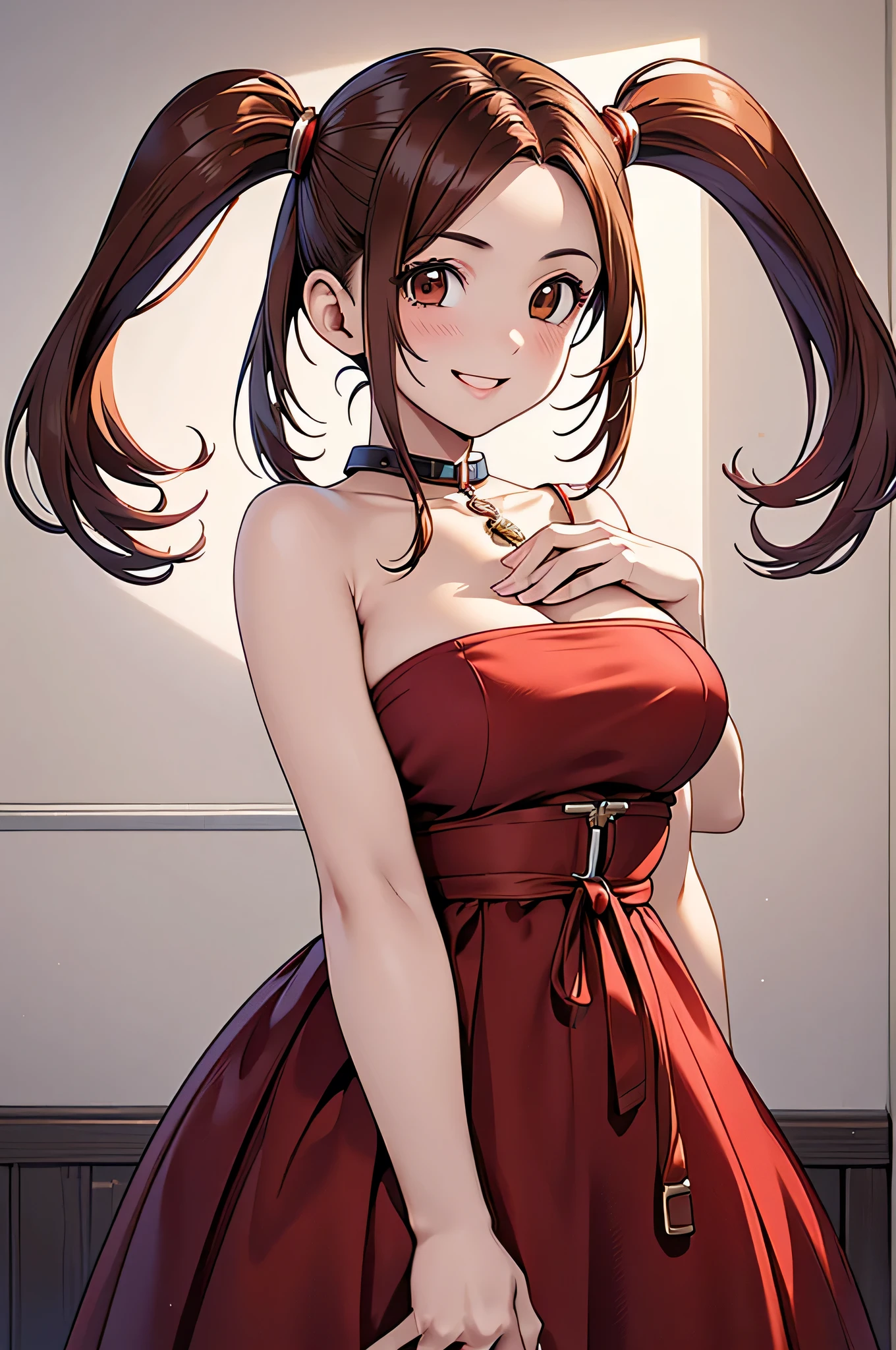  adult woman laughing, Alone,  sexy,8K resolution,(( best quality)), ultra high resolution, ( Modest Smile), ( Brown Eyes ),  beautiful symmetrical face , ( red twin tails), Open Chest Dress, long skirt,Realistic:1.4,Realistic:1.4,(masterpiece:1.2), perfect eyes,Perfect Eyes, anatomically correct human body ,Perfect waist,Perfect thighs