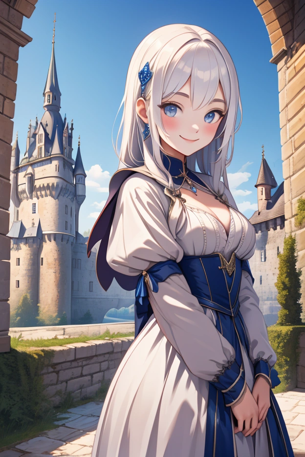 A young, beautiful and mysterious girl smiling while standing against the backdrop of an old European castle in the Lembron style made in rich colors