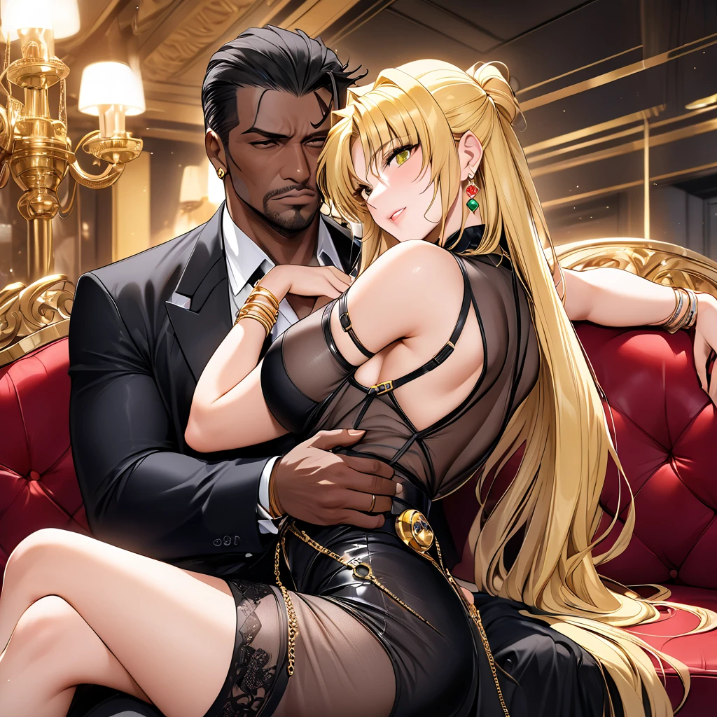 The woman who is the wife of the mafia boss is hugged by a black mafia man as the wife of a strong black mafia boss man wearing a beautiful blonde Fate Testarossa, a luxurious see-through bodycon dress with vulgar, flashy, shiny gold, jewelled earrings, bangles, rings, necklaces, waist chains, etc., and is happily snuggling up together on a luxurious sofa、(( best quality)), ((masterpiece)), ( Details), （ perfect face）,The woman who became a Mafia boss's wife in both body and mind is a blond Fate Testarossa with excellent proportions 