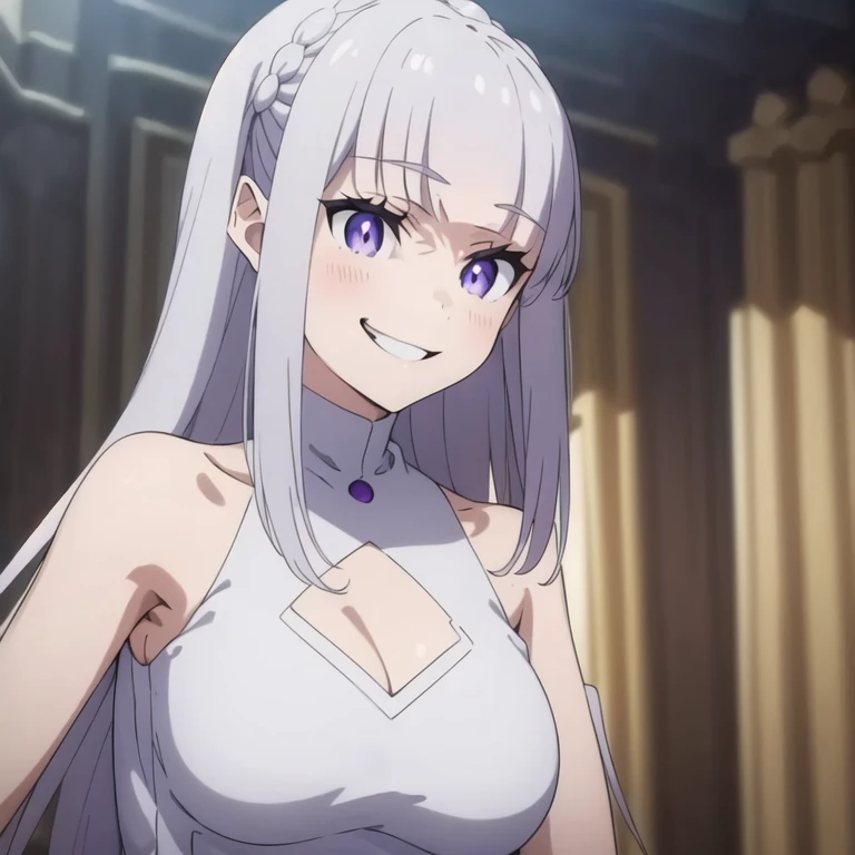 masterpiece, ((royal dressed)), ((hands down)), halo, (best quality), (solo), 1girl, reona, silver hair, purple hair , (long skirt), long hair, purple eyes, sexy woman, hair between eyes, hair ornament, vibrant colors , natural lighting, RTX, (huge tits), (detailed face:1.2), (perfect eyes:1.1) ,(photorealistic:1.1), 8k uhd, looking a viewer, outdoors, simple backround, smile, (upper body), standing pose, ((open legs), forest, tree, cleavage