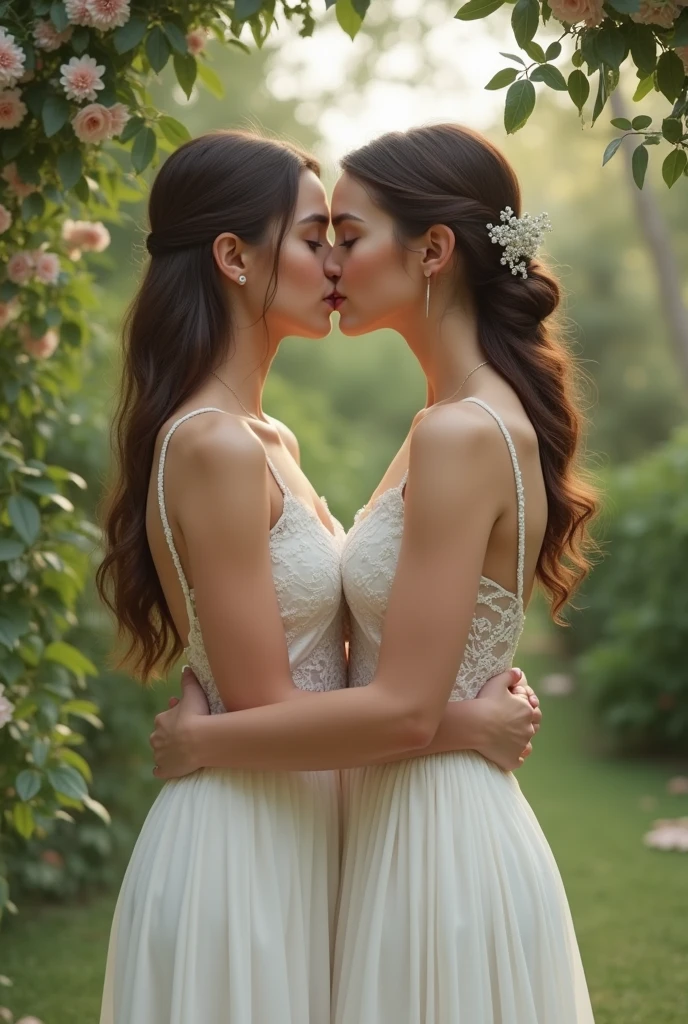 (Aesthetic shot, low saturation),(1girl+1girl),kissing intimately,soft lighting,warm ambiance,wavy hair,emotional,romantic setting,vintage feel.