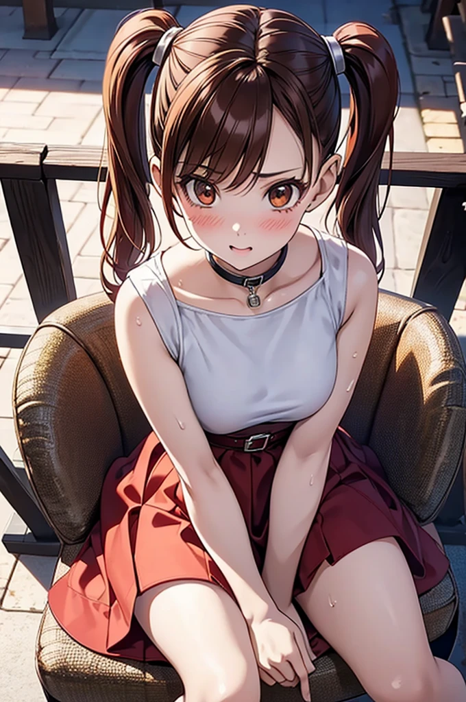  adult woman laughing, Alone,  sexy,8K resolution,(( best quality)), ultra high resolution, ( embarrassed face), ( Brown Eyes ),  beautiful symmetrical face , ( red twin tails), Open Chest Dress, long skirt,Realistic:1.4,Realistic:1.4,(masterpiece:1.2), perfect eyes,Perfect Eyes, anatomically correct human body ,Perfect waist,Perfect thighs, panties , open legs, sit on a chair,(sweat:1.1),(Open your mouth:0.8),Sigh