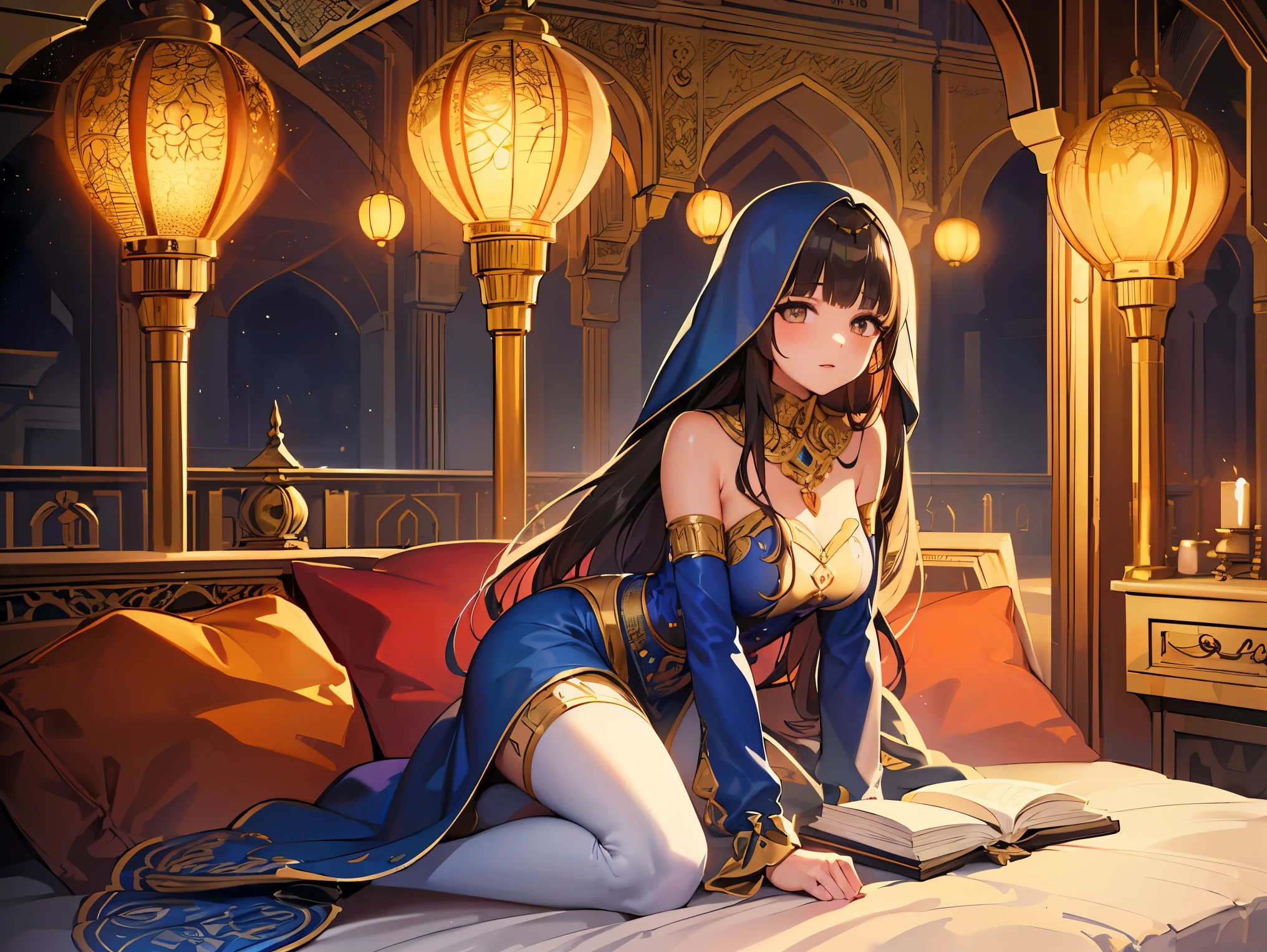 (((Best quality, 8k, Masterpiece: 1.3)), ((best quality)), ((masterpiece)), (detailed), perfect face, perfect body, (detailed skin:1.3), A graceful woman, Scheherazade from "One Thousand and One Nights," sits elegantly on a luxurious bed with a canopy of flowing silk drapes. The setting is illuminated by warm, flickering lanterns casting intricate shadows on the walls. She is dressed in a flowing, richly adorned robe with intricate patterns of gold and deep blues, her hair adorned with delicate jewels. Surrounding her are vibrant pillows and cushions, adding to the opulence of the scene. She holds a book or gestures expressively as she captivates an unseen audience with her storytelling. The background hints at an ornate Middle Eastern palace with arched windows and intricate designs.