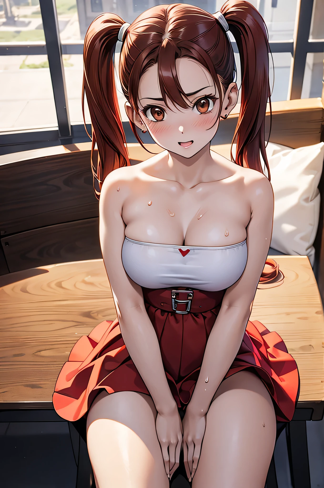  adult woman laughing, Alone,  sexy,8K resolution,(( best quality)), ultra high resolution, ( embarrassed face), ( Brown Eyes ),  beautiful symmetrical face , ( red twin tails), Open Chest Dress, long skirt,Realistic:1.4,Realistic:1.4,(masterpiece:1.2), perfect eyes,Perfect Eyes, anatomically correct human body ,Perfect waist,Perfect thighs, panties , open legs, sit on a chair,(sweat:1.1),(Open your mouth:0.8),Sigh