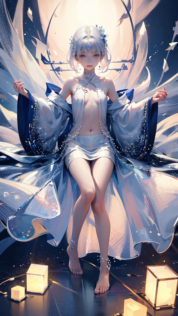 A girl、symmetry,Daughter,whole body female love,Put your hands together and bloom,(Very detailed:1.1),((small :1.2))、The eyes are well drawn、Charming eyes、Double tail、Wear jewelry and pearls around your neck,Transparent openwork、Deep V、Crystal Pearls、在Wear jewelry and pearls around your neck,white hair, show your thighs, Bare shoulders, Show clavicle, Yao Liu, barefoot,((whole body))、painful posture