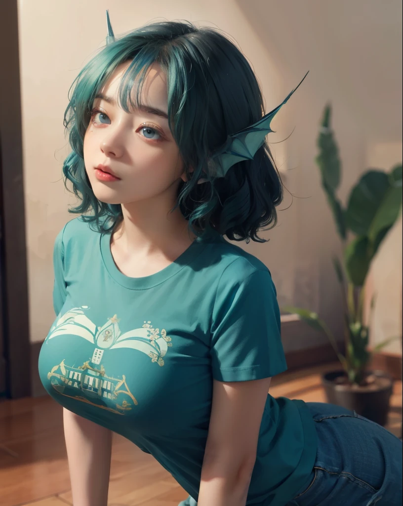 wakasagihime, 1women, big breasted , blue hair, short hair, blue eyes, head fins, T-shirt, pants, passive look, expressionless, masterpiece, best quality,