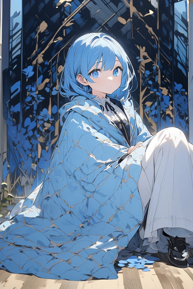 woman cute Shota Blue hair and blue eyes long is sitting whole body