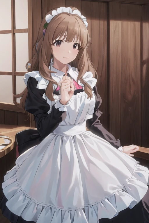 masterpiece,  best quality,  high definition ,  The Idolmaster,  Single Hair Bang, Maid headdress,  side lock,smile, frills, brooch, Maid,  black dress,  Puff Sleeves ,  Long Sleeve , Maid apron,  white apron , garden,  standing ,  COWBOY SHOOTING ,Five fingers, (  perfect hand, perfect anatomy ),,  five fingers 