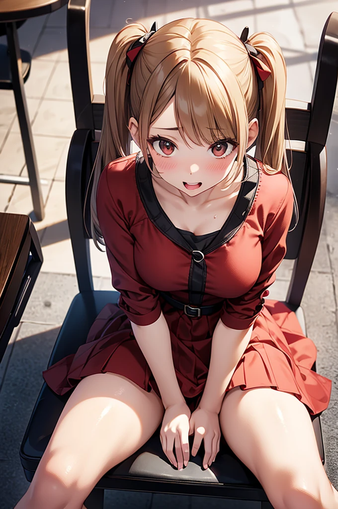  adult woman laughing, Alone,  sexy,8K resolution,(( best quality)), ultra high resolution, ( embarrassed face), ( Brown Eyes ),  beautiful symmetrical face , ( red twin tails), Open Chest Dress, long skirt,Realistic:1.4,Realistic:1.4,(masterpiece:1.2), perfect eyes,Perfect Eyes, anatomically correct human body ,Perfect waist,Perfect thighs, panties , open legs, sit on a chair,(sweat:1.1),(Open your mouth:0.8),Sigh