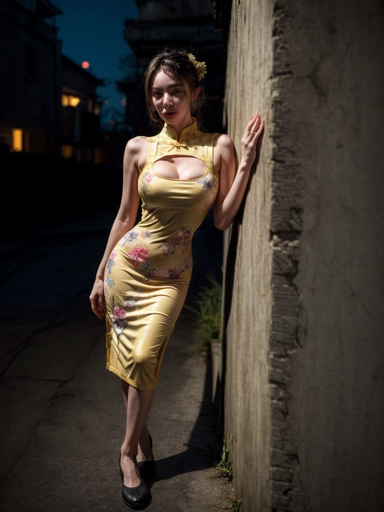 (((masterpiece))), (((best quality))), (((half body photo))), (((leaning wall on night alley))), solo, 1girl, ((complex pattern floral golden chiffon see through qipao)), updo, hairclip, big, Indifference,  updo